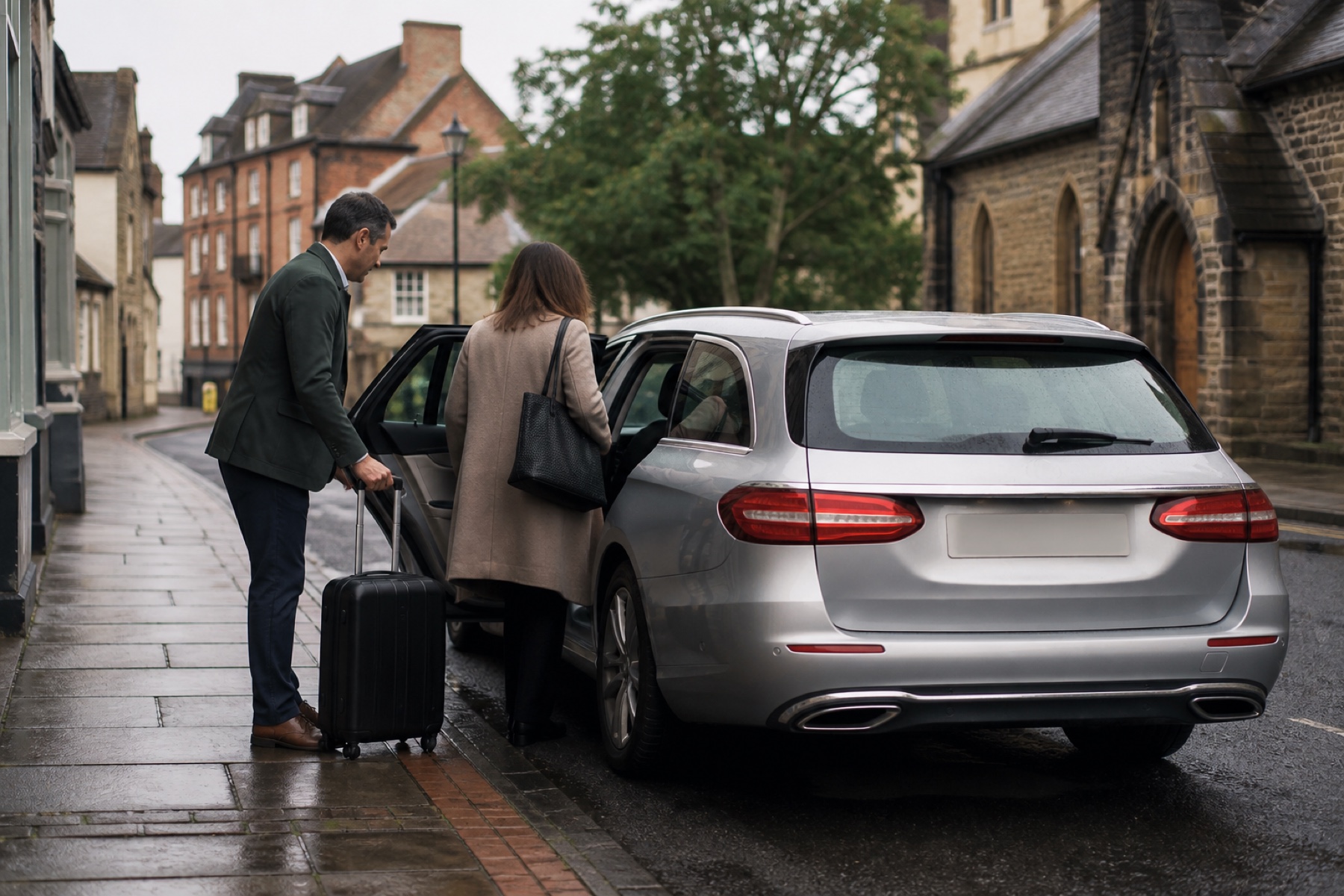 Illustrative driver helping a passenger into a car.